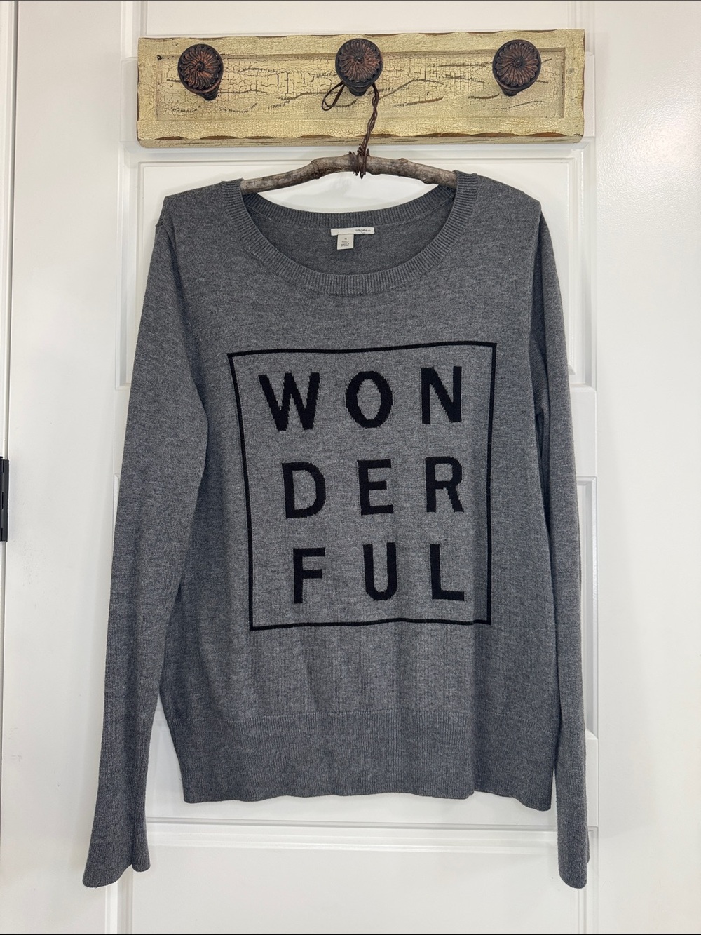 Halogen Gray WONDERFUL Crewneck Knit Sweater with Black Graphic